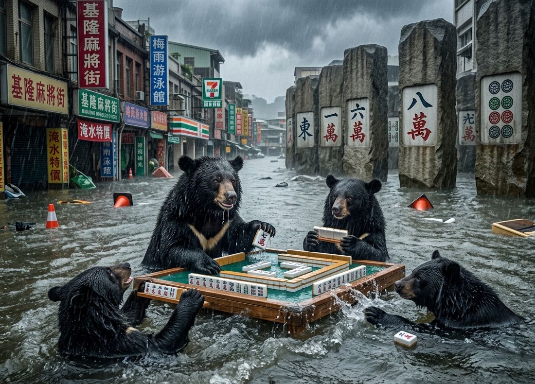 基隆限定版水上麻將,梅雨季淹水不忘自摸,基隆日常排水慢半拍,基隆變身東方威尼斯麻將局,台灣熊愛打麻將,台灣黑熊打麻將,水上移動式麻將館,基隆大淹水直接變成威尼斯,台灣黑熊水上樂園搓麻將,基隆梅雨季限定水上麻將爭霸戰,打麻將比水上樂園還好玩