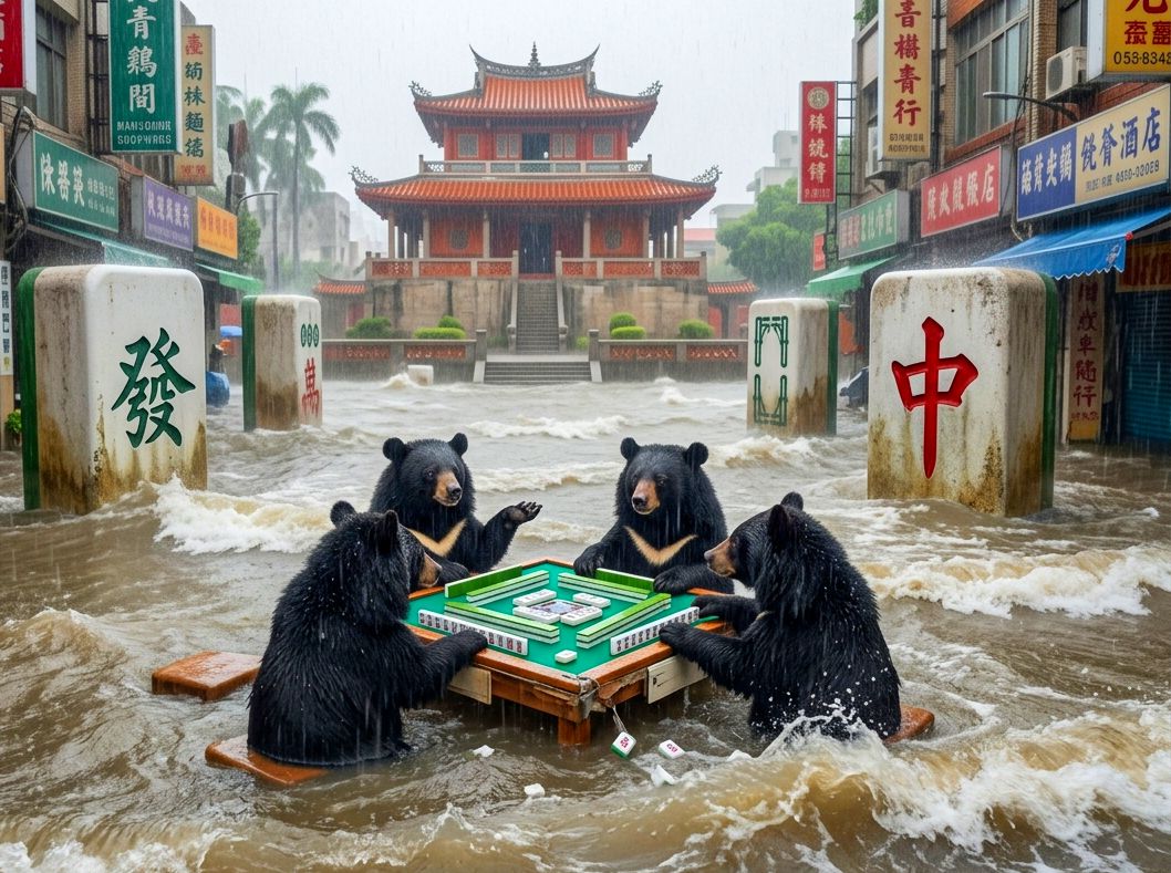 台南赤崁樓水上麻將大賽,台南赤崁樓變身東方威尼斯麻將局,台灣熊愛打麻將,台灣黑熊打麻將,水上移動式麻將館,台南赤崁樓大淹水直接變成威尼斯,台灣黑熊水上樂園搓麻將,台南赤崁樓梅雨季限定水上麻將爭霸戰,打麻將比水上樂園還好玩