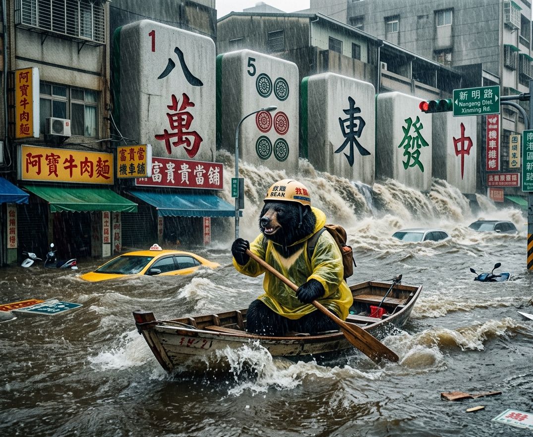 台灣熊愛打麻將,台灣黑熊打麻將,水上移動式麻將館,台北南港區大淹水直接變成威尼斯,台灣黑熊水上樂園搓麻將,台北南港區梅雨季限定水上麻將爭霸戰,打麻將比水上樂園還好玩,台北梅雨季出門記得帶衝浪板,台北水上麻將開打,台灣黑熊一邊衝浪一邊碰,台灣梅雨季揪團打麻將