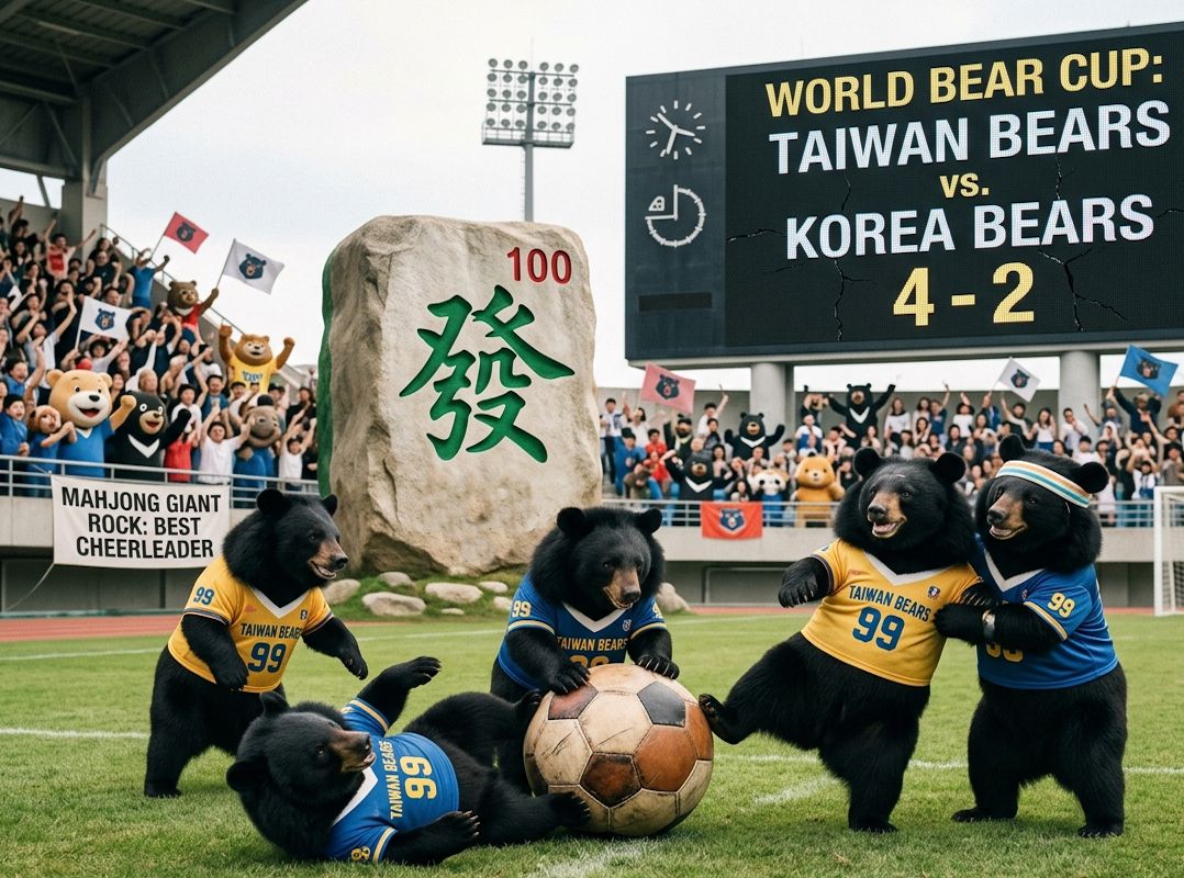 國際足總FIFA官方認證自摸,台灣熊愛打麻將,台灣黑熊打麻將,世界足球盃有台灣黑熊出沒,台灣黑熊在世界足球盃打麻將,麻將足球大戰,跨國文化衝擊的夢幻連動,台灣黑熊肉墊倒掛金鉤,2026年世足賽