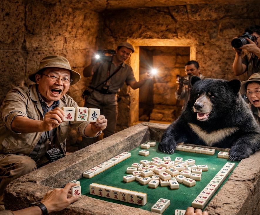 台灣黑熊,台灣熊愛打麻將,台灣黑熊打麻將,熊掌摸牌,埃及金字塔麻將館,黑熊對戰埃及法老,金字塔熊界傳奇,花崗岩石棺麻將桌,金字塔黑熊登門切磋