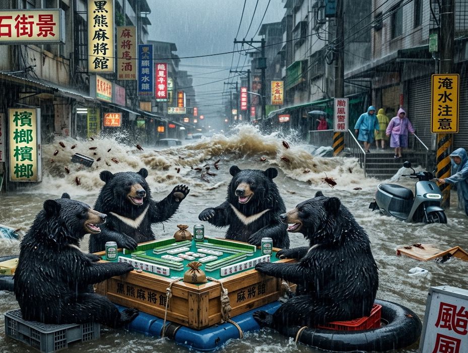 台灣熊愛打麻將,台灣黑熊打麻將,水上移動式小強軍團麻將館,台灣黑熊與蟑螂水上樂園搓麻將,台北梅雨季限定水上麻將爭霸戰,打麻將比水上樂園還好玩,台北梅雨季出門打水上排球,台北大淹水直接變成威尼斯,台北水上麻將開打,台灣蟑螂梅雨季揪團打麻將,颱風警報