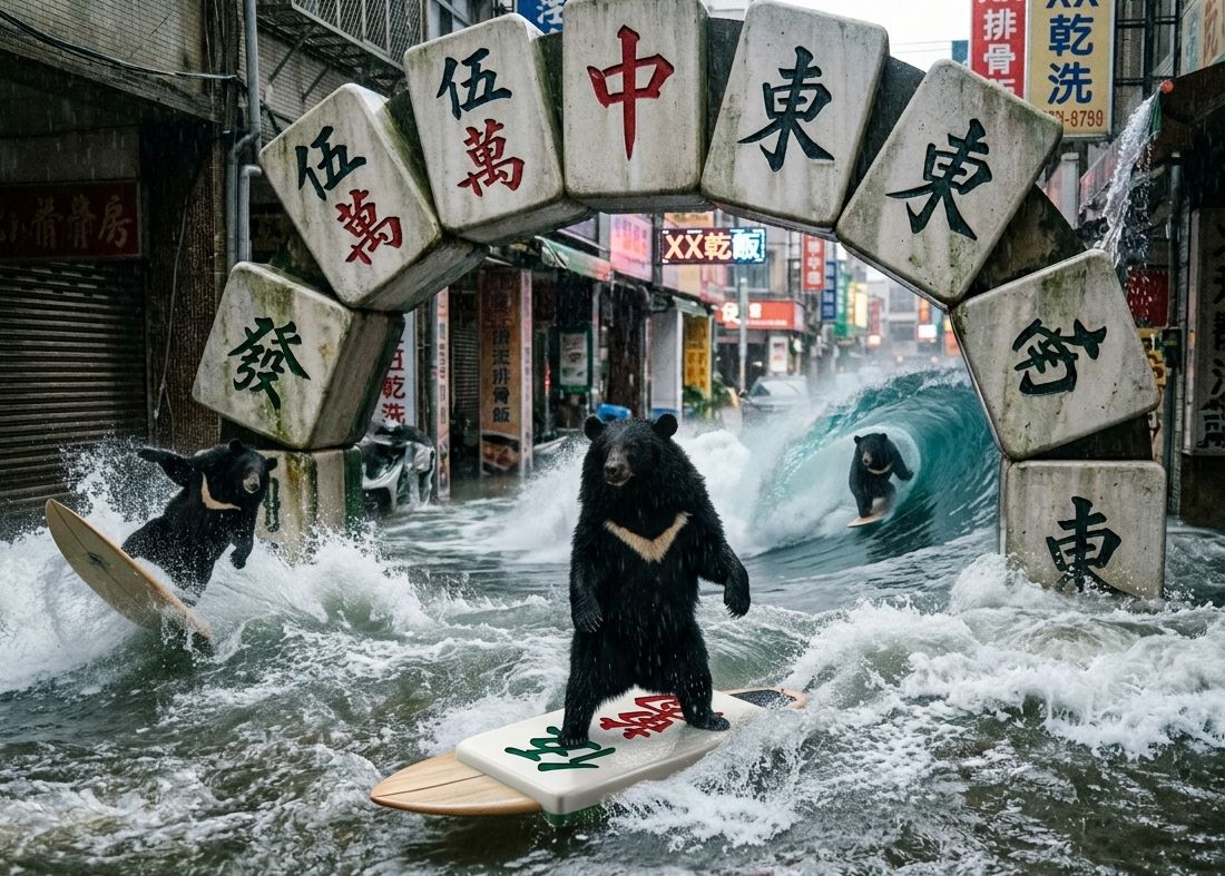 台灣熊愛打麻將,台灣黑熊打麻將,水上移動式麻將館,台北南港區大淹水直接變成威尼斯,台灣黑熊水上樂園搓麻將,台北南港區梅雨季限定水上麻將爭霸戰,打麻將比水上樂園還好玩,台北梅雨季出門記得帶衝浪板,台北水上麻將開打,台灣黑熊一邊衝浪一邊碰,台灣梅雨季揪團打麻將