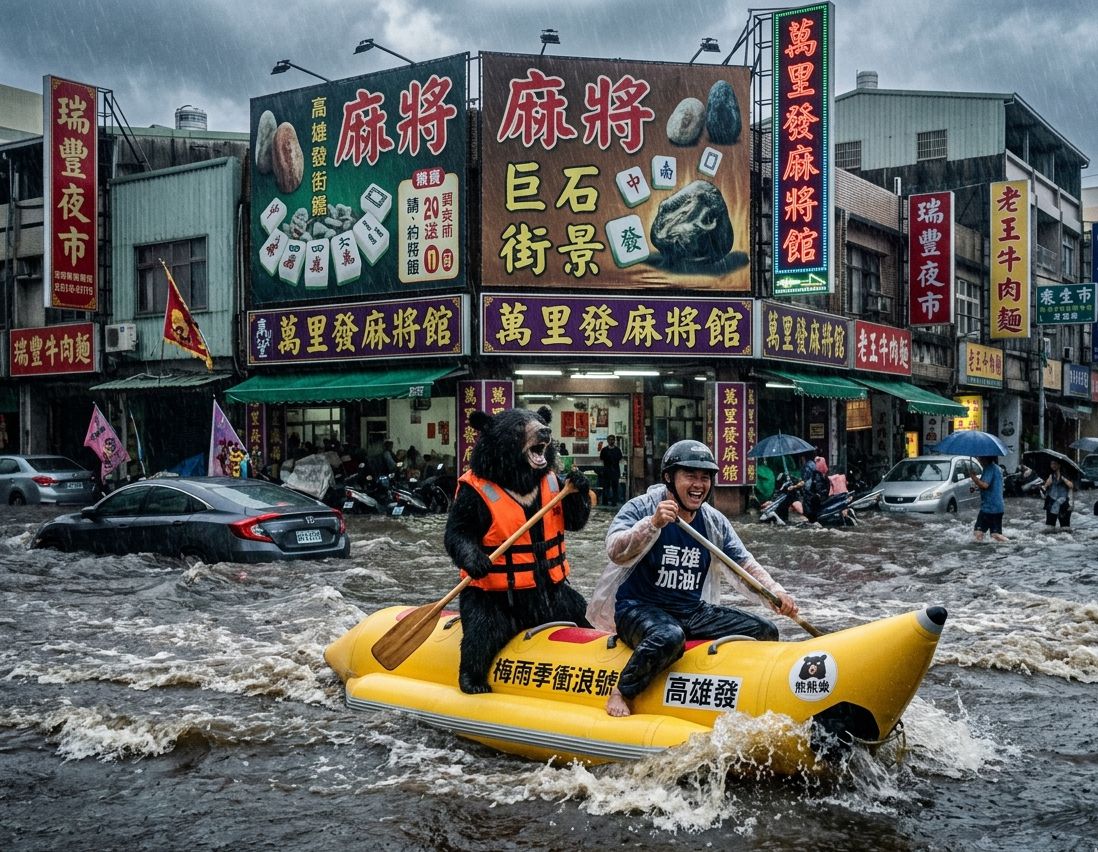 台灣熊愛打麻將,台灣黑熊打麻將,高雄水上移動式麻將館,台灣黑熊水上樂園搓麻將,高雄梅雨季限定水上麻將爭霸戰,打麻將比水上樂園還好玩,高雄梅雨季出門划槳,台灣黑熊一邊坐香蕉船一邊碰,高雄大淹水直接變成威尼斯,高雄水上麻將開打,台灣梅雨季揪團打麻將