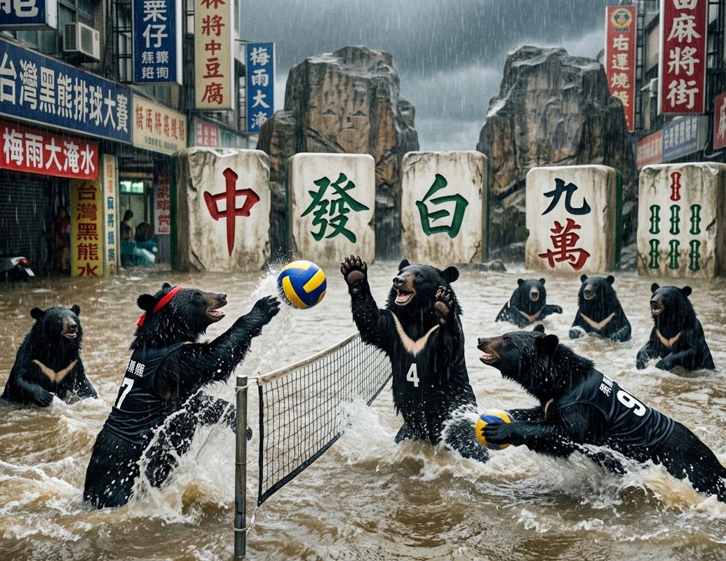 屏東梅雨季秒變水上水上樂園,淹水高度直逼胸口的屏東狂暴雨彈,黑熊大喊碰碰胡然後把排球扣殺過去,梅雨季最強檔之黑熊與麻將的奇幻漂流,屏東專屬的水上麻將排球錦標賽,東風與發財之間的世紀水上對決,台灣熊愛打麻將,台灣黑熊打麻將,屏東梅雨季出門打水上排球,屏東大淹水直接變成威尼斯,台灣梅雨季揪團打麻將