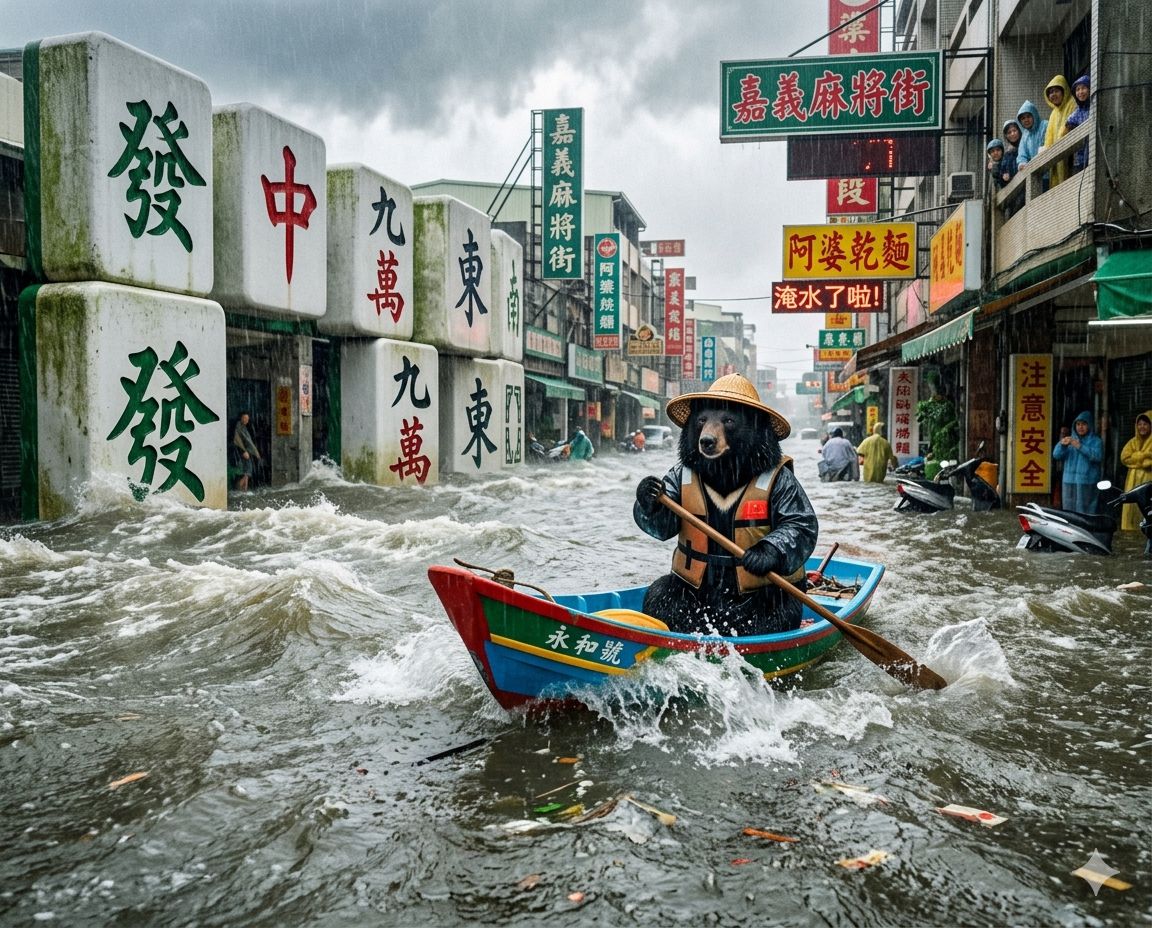 台灣熊愛打麻將,台灣黑熊打麻將,嘉義水上移動式麻將館,台灣黑熊水上樂園搓麻將,嘉義梅雨季限定水上麻將爭霸戰,打麻將比水上樂園還好玩,嘉義梅雨季出門划槳,台灣黑熊一邊坐香蕉船一邊碰,嘉義大淹水直接變成威尼斯,嘉義水上麻將開打,台灣梅雨季揪團打麻將