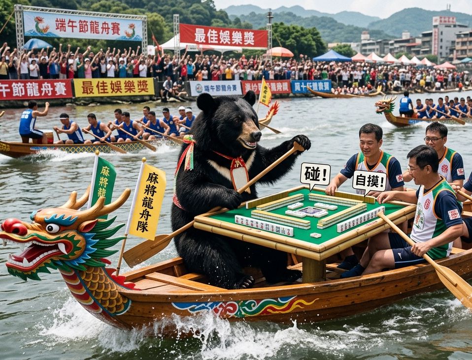 台灣黑熊,台灣熊愛打麻將,台灣黑熊打麻將,熊掌摸牌,水上移動式麻將館,龍舟馬拉松之麻將大賽,龍舟上黑熊放發財,黑熊自摸划龍舟,龍舟變牌桌,海底撈月不是撈粽子,屈原也想湊一桌,立蛋不如立牌,艾草洗手求好運,端午節打麻將