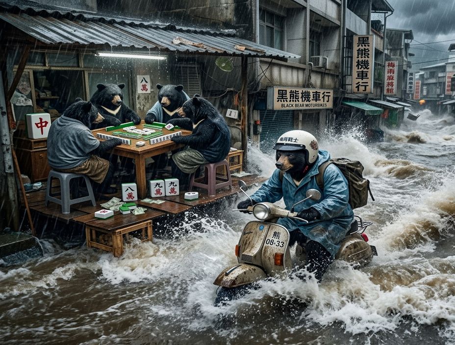 台灣熊愛打麻將,台灣黑熊打麻將,水上移動式麻將館,台灣黑熊水上樂園搓麻將,台北梅雨季限定水上麻將爭霸戰,打麻將比水上樂園還好玩,台北梅雨季出門打水上排球,台北大淹水直接變成威尼斯,水上飆機車麻將開打,台灣梅雨季揪團打麻將