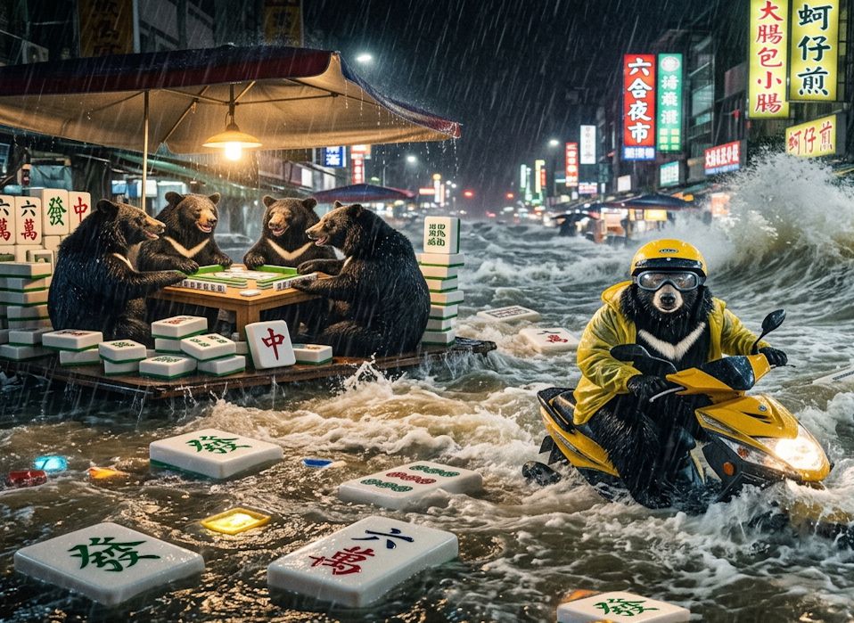 台灣熊愛打麻將,台灣黑熊打麻將,高雄六合夜市水上移動式麻將館,台灣黑熊水上樂園搓麻將,高雄梅雨季限定水上麻將爭霸戰,打麻將比水上樂園還好玩,高雄梅雨季出門划槳,台灣黑熊一邊坐香蕉船一邊碰,高雄六合夜市大淹水直接變成威尼斯,高雄六合夜市淹水,台灣梅雨季揪團打麻將