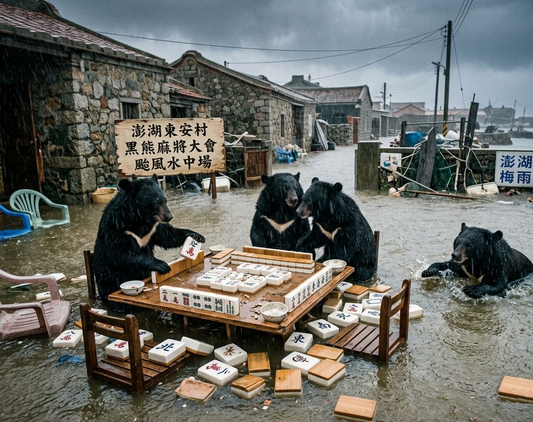 澎湖變身東方威尼斯麻將局,台灣熊愛打麻將,台灣黑熊打麻將,水上移動式麻將館,澎湖大淹水直接變成威尼斯,台灣黑熊水上樂園搓麻將,澎湖梅雨季限定水上麻將爭霸戰,打麻將比水上樂園還好玩,澎湖水上麻將開打,台灣黑熊一邊衝浪一邊碰,台灣梅雨季揪團打麻