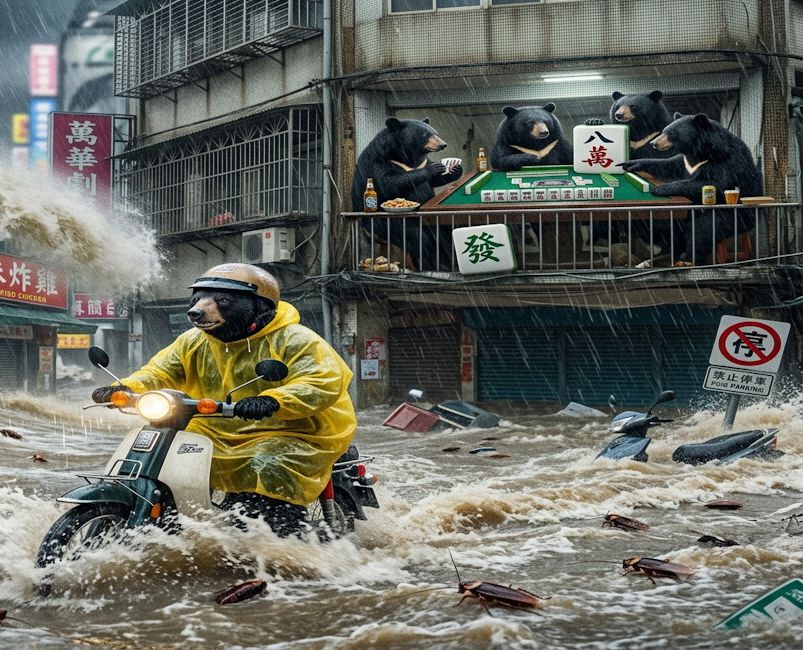 台灣熊愛打麻將,台灣黑熊打麻將,台灣黑熊與蟑螂水上樂園搓麻將,台北萬華梅雨季限定水上麻將爭霸戰,打麻將比水上樂園還好玩,台北萬華梅雨季出門打水上排球,台北萬華大淹水直接變成威尼斯,水上飆機車麻將開打,台灣梅雨季揪團打麻將