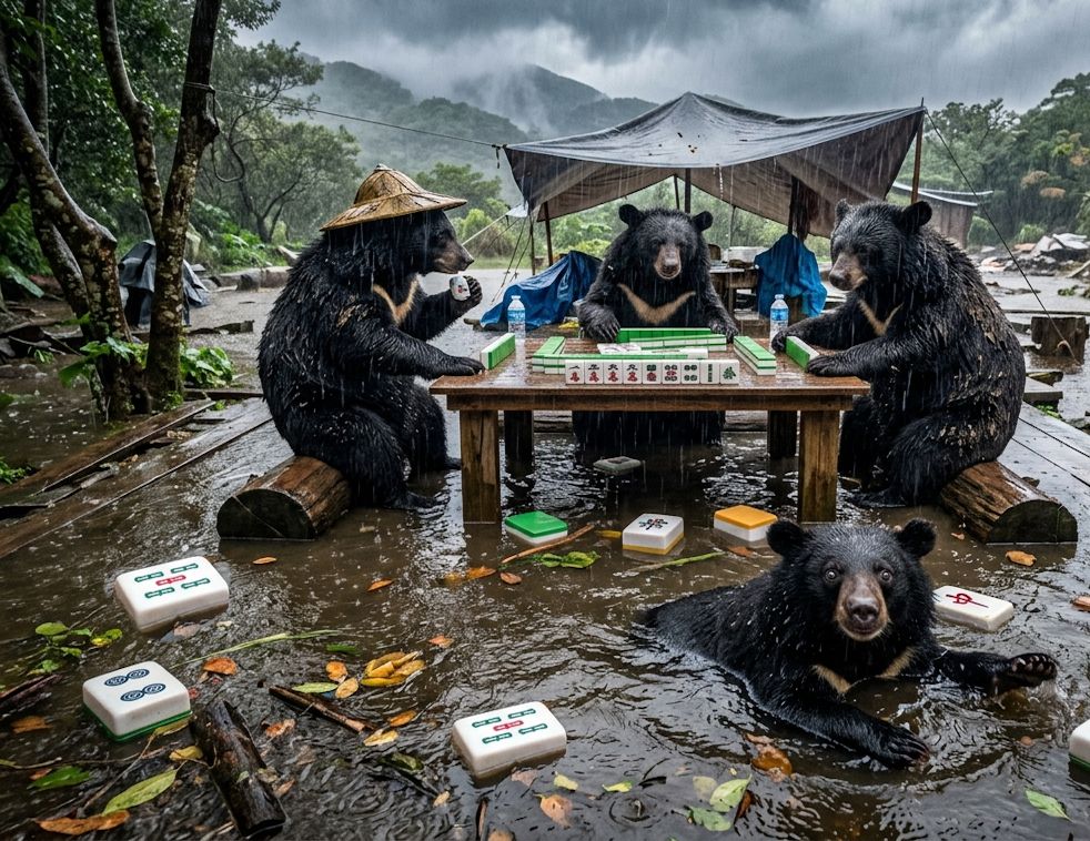 台北陽明山梅雨季秒變水上水上樂園,淹水高度直逼胸口的台北陽明山狂暴雨彈,梅雨季最強檔之黑熊與麻將的奇幻漂流,東風與發財之間的世紀水上對決,台灣熊愛打麻將,台灣黑熊打麻將,台北陽明山大淹水直接變成威尼斯,台灣梅雨季揪團打麻將,大風大浪擋不住黑熊的麻將魂