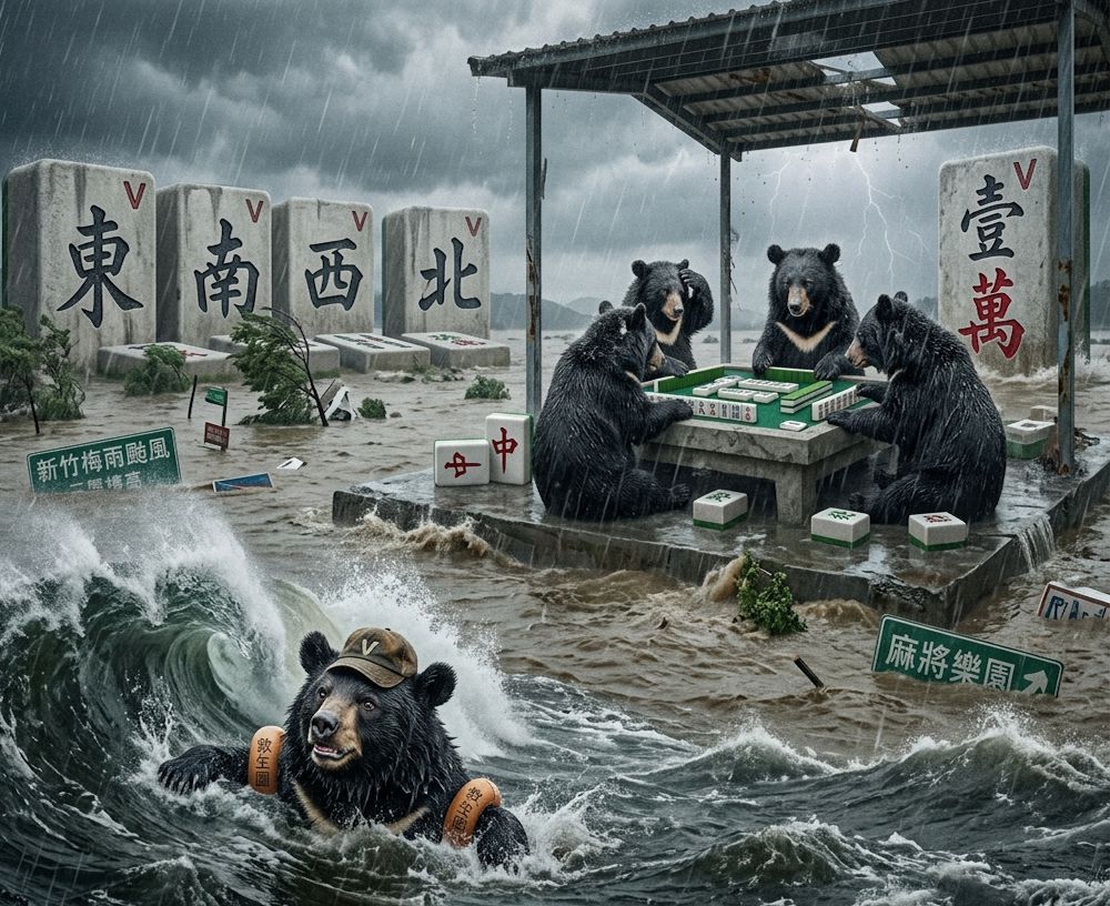 新竹限定版水上麻將,梅雨季淹水不忘自摸,新竹變身東方威尼斯麻將局,台灣熊愛打麻將,台灣黑熊打麻將,水上移動式麻將館,台灣大淹水直接變成威尼斯,台灣黑熊水上樂園搓麻將,新竹梅雨季限定水上麻將爭霸戰,打麻將比水上樂園還好玩,新竹淹水變成了水上牌局