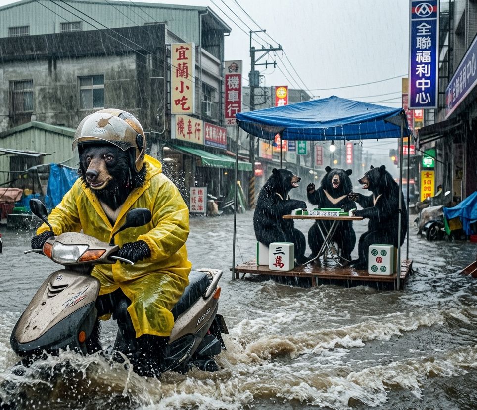 宜蘭梅雨季限定地獄級麻將大賽,宜蘭梅雨季秒變水上水上樂園,淹水高度直逼胸口的宜蘭狂暴雨彈,梅雨季最強檔之黑熊與麻將的奇幻漂流,東風與發財之間的世紀水上對決,台灣熊愛打麻將,台灣黑熊打麻將,宜蘭大淹水直接變成威尼斯,台灣梅雨季揪團打麻將,大風大浪擋不住黑熊的麻將魂