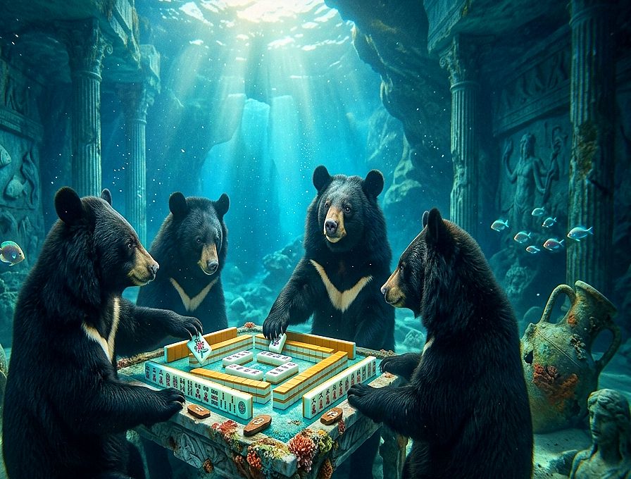 台灣黑熊,台灣熊愛打麻將,台灣黑熊打麻將,熊掌摸牌,海底神殿黑熊麻將賭場,海神波賽頓打牌,亞特蘭提斯海底撈月,亞特蘭提斯皇家祭司戰麻將