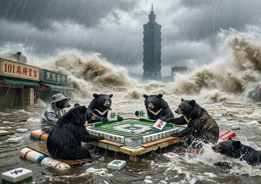 台灣熊愛打麻將,台灣黑熊打麻將,台北101水上移動式麻將館,台灣黑熊水上樂園搓麻將,台北101梅雨季限定水上麻將爭霸戰,打麻將比水上樂園還好玩,台北101梅雨季出門打水上排球,台北大淹水直接變成威尼斯,台北水上麻將開打,台灣梅雨季揪團打麻將,颱風梅雨夾擊警報