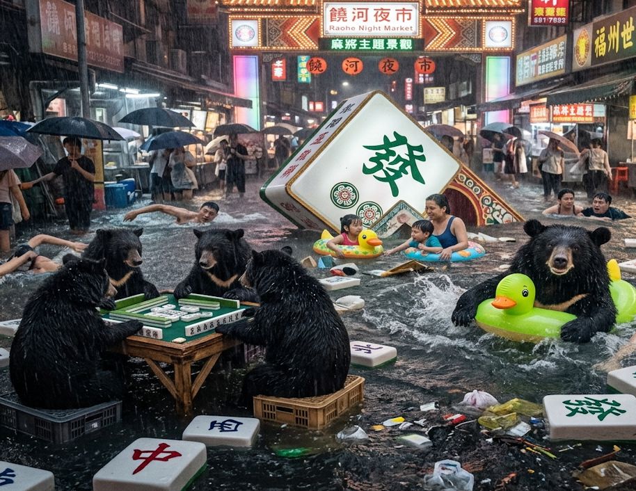 熊掌摸牌,麻將臭豆腐,槓上開花臭豆腐,黑熊槓上饒河夜市,台灣黑熊,台灣黑熊臭豆腐,黑熊夜市,饒河夜市大三元,發財麻將臭豆腐,台灣熊愛麻將,黑熊麻將臭豆腐