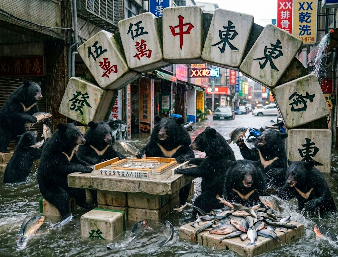 台灣熊愛打麻將,台灣黑熊打麻將,高雄水上移動式麻將館,台灣黑熊水上樂園搓麻將,高雄梅雨季限定水上麻將爭霸戰,打麻將比水上樂園還好玩,高雄梅雨季抓魚,高雄大淹水直接變成威尼斯,高雄淹水捕魚,台灣梅雨季揪團打麻將