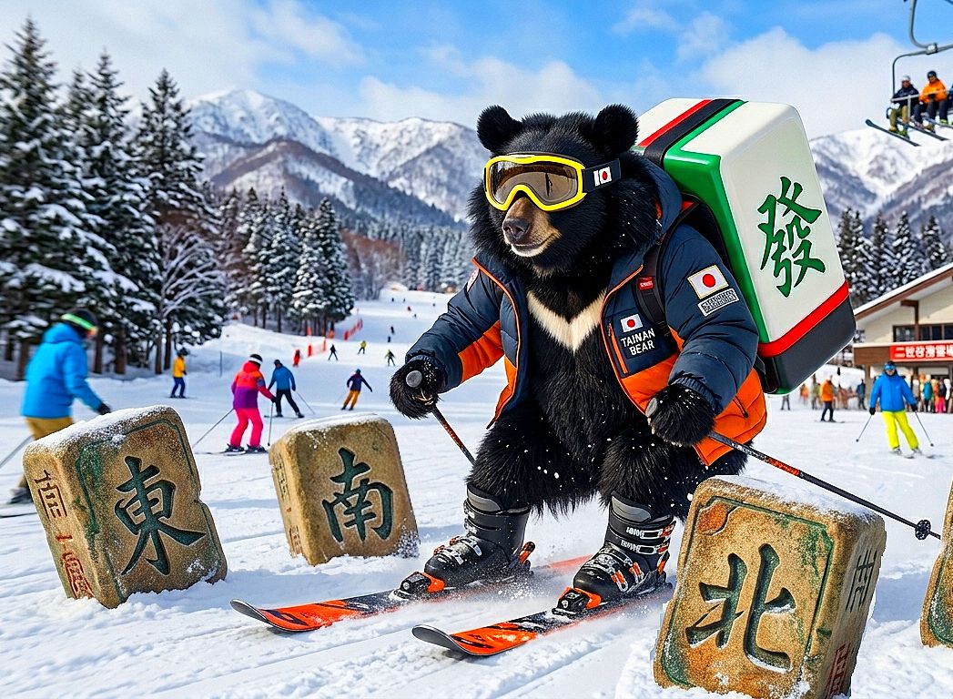 台灣黑熊,台灣熊愛打麻將,台灣黑熊打麻將,熊掌摸牌,二世谷滑雪場打牌,二世谷熊界傳奇國粹,台日友好招財補花推廣大使,台日國粹推廣滑雪場特使