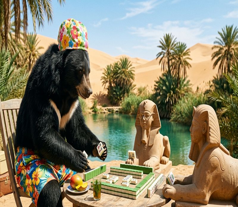 台灣黑熊,台灣熊愛打麻將,台灣黑熊打麻將,熊掌摸牌,人面獅身戰黑熊麻將,法老王的聽牌瞬間,撒哈拉五星級綠洲打麻將,台埃跨國麻將大賽,撒哈拉沙漠打麻將