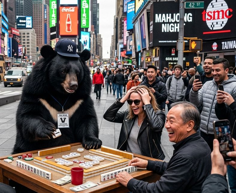台灣黑熊,台灣熊愛打麻將,台灣黑熊打麻將,熊掌摸牌,時代廣場黑熊麻將戰場,曼哈頓胡牌風暴,紐約胡牌熊界傳奇,紐約麻將奇觀,紐約時代廣場秒變賭桌