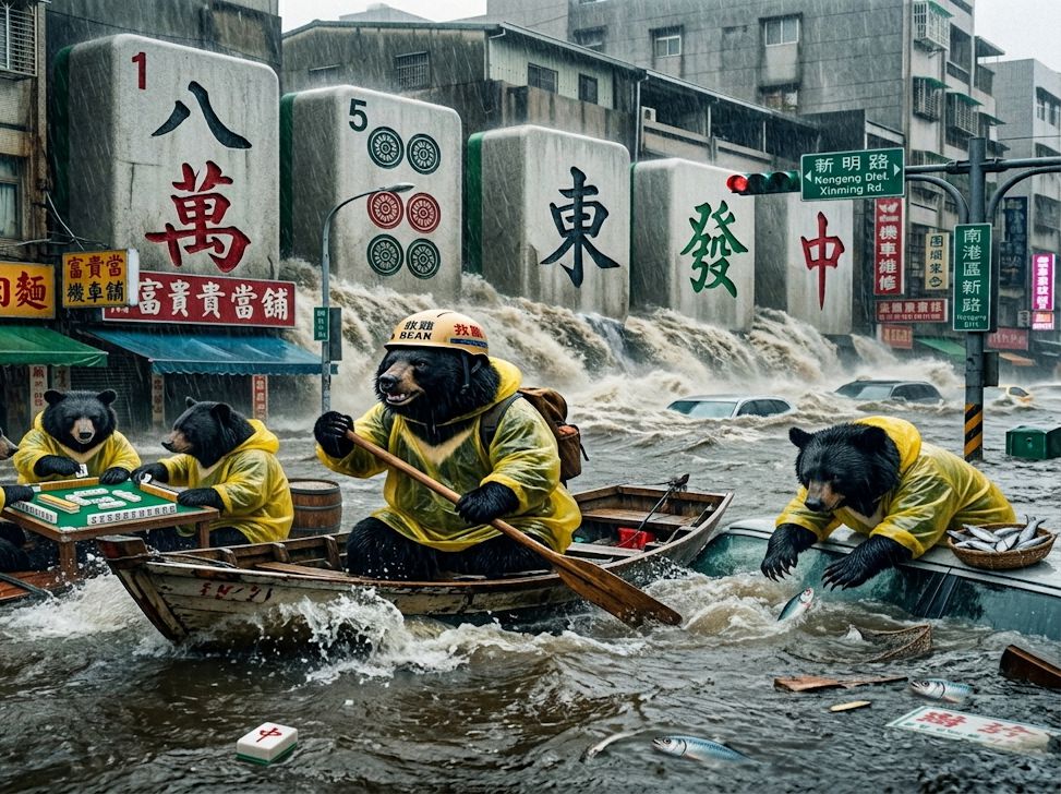 台灣熊愛打麻將,台灣黑熊打麻將,水上移動式麻將館,台灣黑熊水上樂園搓麻將,台北梅雨季限定水上麻將爭霸戰,打麻將比水上樂園還好玩,台北梅雨季出門打水上排球,台北大淹水直接變成威尼斯,水上飆機車麻將開打,台灣梅雨季揪團打麻將