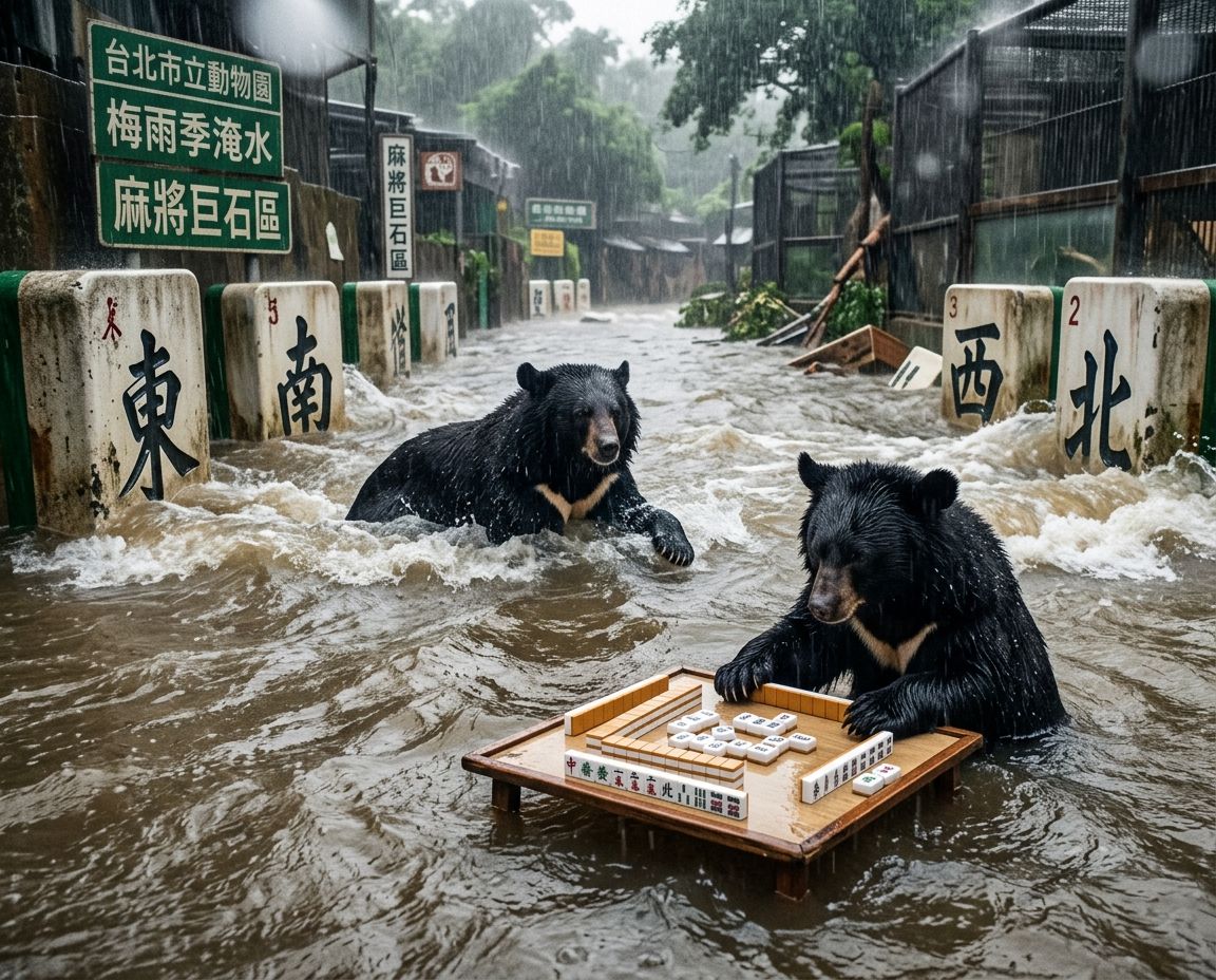 台灣熊愛打麻將,台灣黑熊打麻將,水上移動式麻將館,台灣黑熊水上樂園搓麻將,台北木柵梅雨季限定水上麻將爭霸戰,打麻將比水上樂園還好玩,台北木柵梅雨季出門打水上排球,台北木柵大淹水直接變成威尼斯,台灣梅雨季揪團打麻將