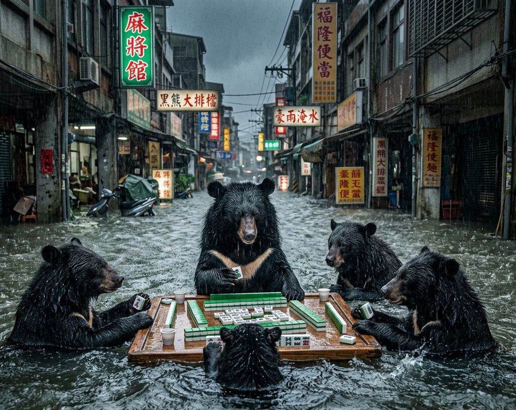 台灣熊愛打麻將,台灣黑熊打麻將,水上移動式麻將館,台灣黑熊水上樂園搓麻將,台北梅雨季限定水上麻將爭霸戰,打麻將比水上樂園還好玩,台北大淹水直接變成威尼斯,台灣梅雨季揪團打麻將