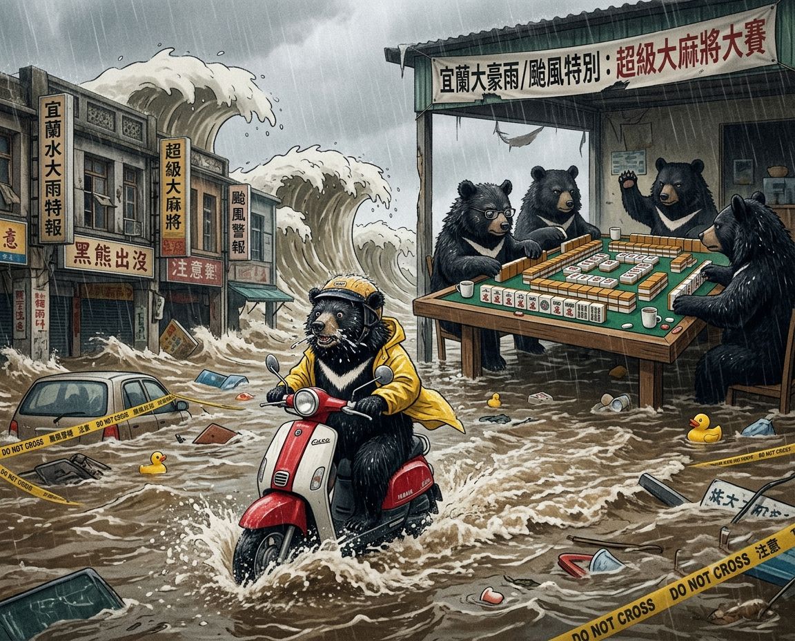 宜蘭梅雨季限定地獄級麻將大賽,宜蘭梅雨季秒變水上水上樂園,淹水高度直逼胸口的宜蘭狂暴雨彈,梅雨季最強檔之黑熊與麻將的奇幻漂流,東風與發財之間的世紀水上對決,台灣熊愛打麻將,台灣黑熊打麻將,宜蘭大淹水直接變成威尼斯,台灣梅雨季揪團打麻將,大風大浪擋不住黑熊的麻將魂