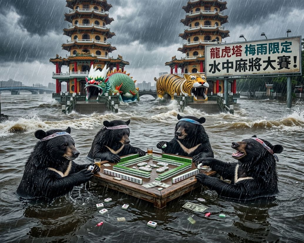 台灣熊愛打麻將,台灣黑熊打麻將,高雄蓮池潭水上移動式麻將館,台灣黑熊水上樂園搓麻將,高雄梅雨季限定水上麻將爭霸戰,打麻將比水上樂園還好玩,高雄蓮池潭梅雨季出門划槳,高雄蓮池潭大淹水直接變成威尼斯,台灣梅雨季揪團打麻將
