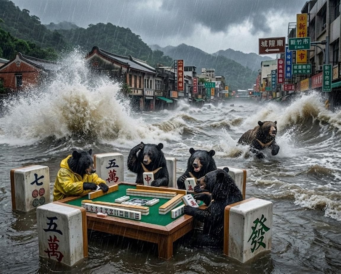 新竹限定版水上麻將,梅雨季淹水不忘自摸,新竹變身東方威尼斯麻將局,台灣熊愛打麻將,台灣黑熊打麻將,台灣大淹水直接變成威尼斯,台灣黑熊水上樂園搓麻將,新竹梅雨季限定水上麻將爭霸戰,打麻將比水上樂園還好玩,新竹淹水變成了水上牌局