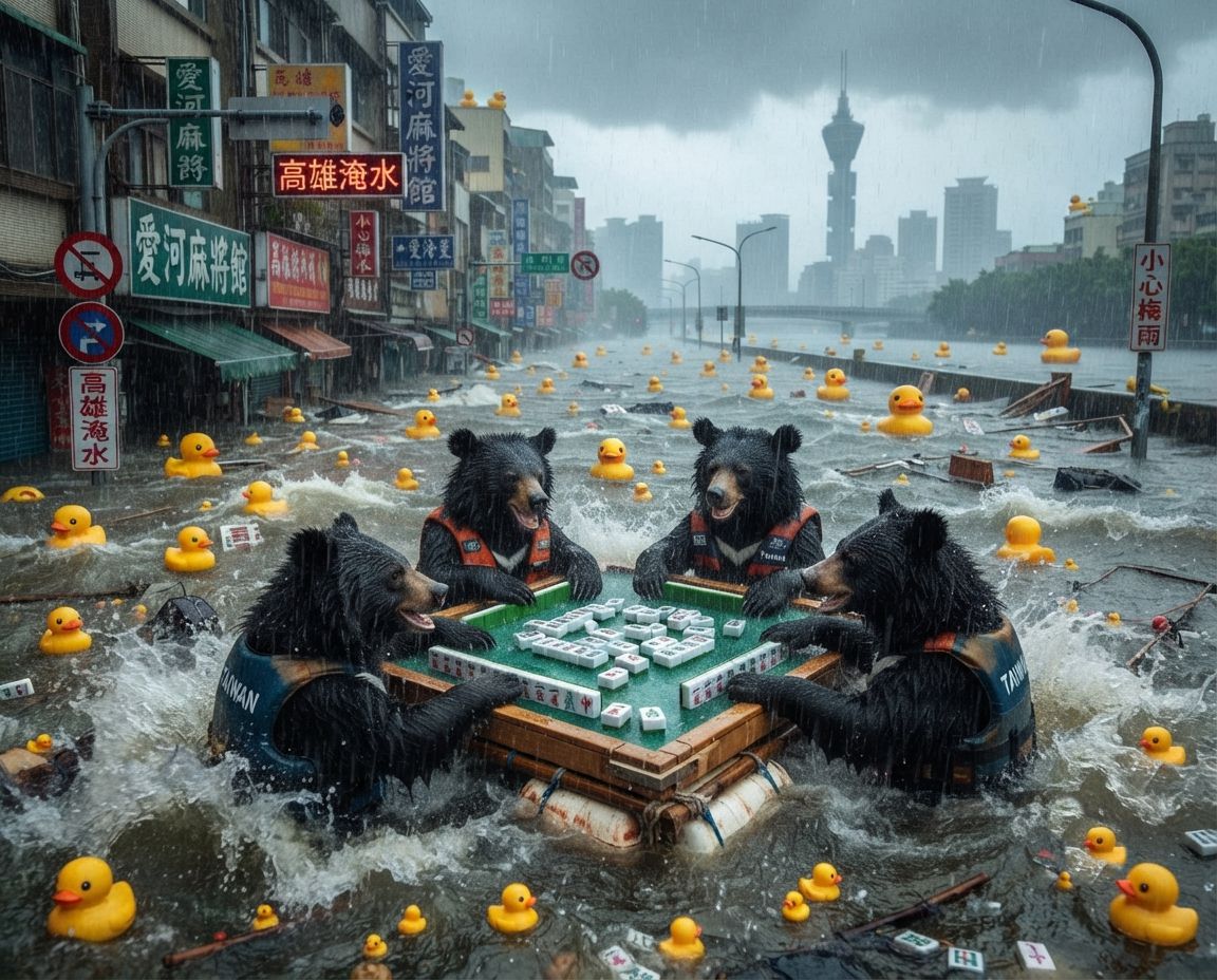 高雄愛河限定版水上麻將,梅雨季淹水不忘自摸,高雄愛河變身東方威尼斯麻將局,台灣熊愛打麻將,台灣黑熊打麻將,水上移動式麻將館,台灣大淹水直接變成威尼斯,台灣黑熊水上樂園搓麻將,高雄愛河梅雨季限定水上麻將爭霸戰,打麻將比水上樂園還好玩,高雄淹水變成了水上牌局