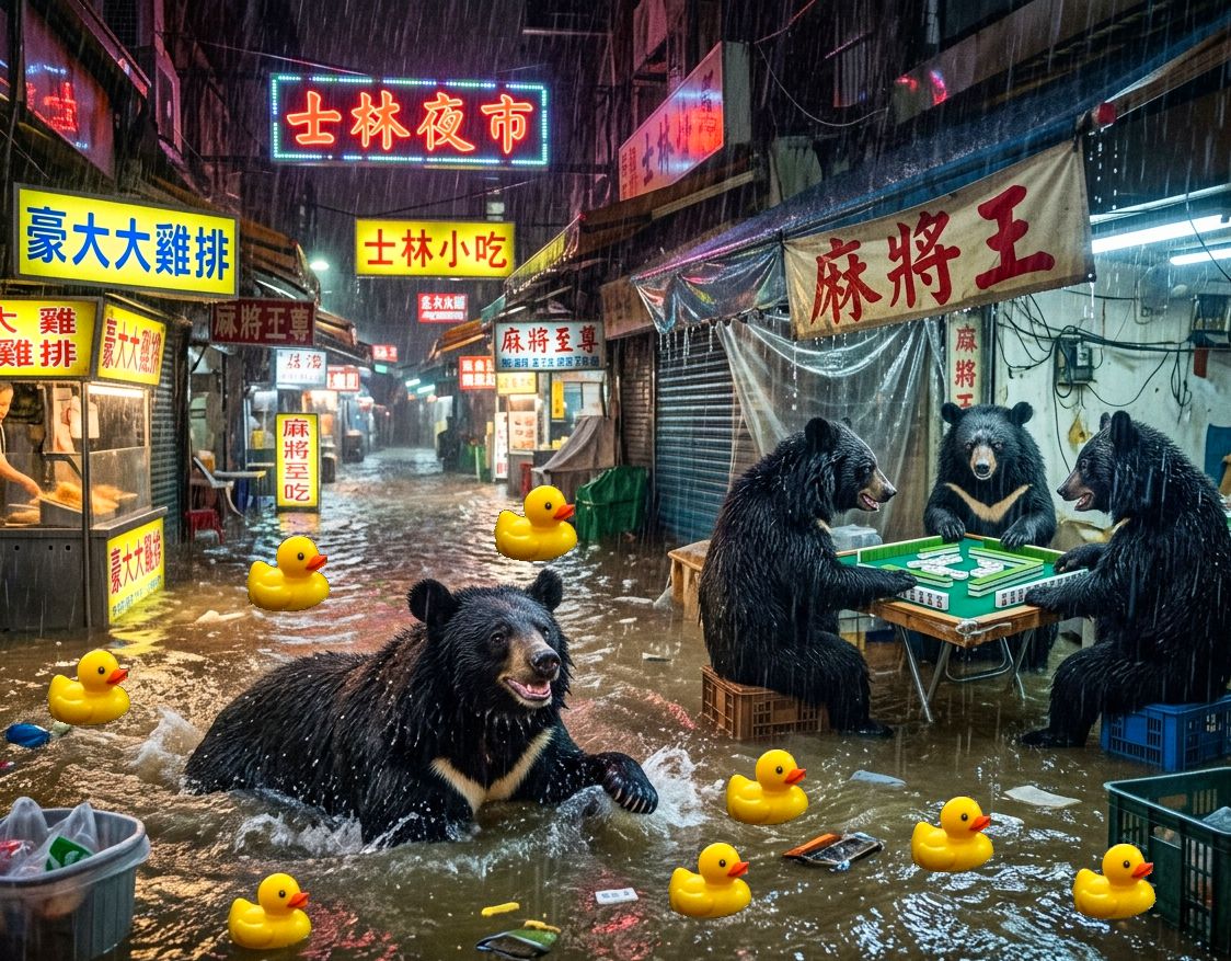 國家級景點變成賭場實錄,台灣黑熊在暴雨中挑戰大滿貫,台北士林夜市水上麻將大賽,萬隻小鴨入侵士林夜市,台北士林夜市變身東方威尼斯麻將局,台灣熊愛打麻將,台灣黑熊打麻將,台北士林夜市大淹水直接變成威尼斯,台灣黑熊水上樂園搓麻將,士林夜市變水上麻將館
