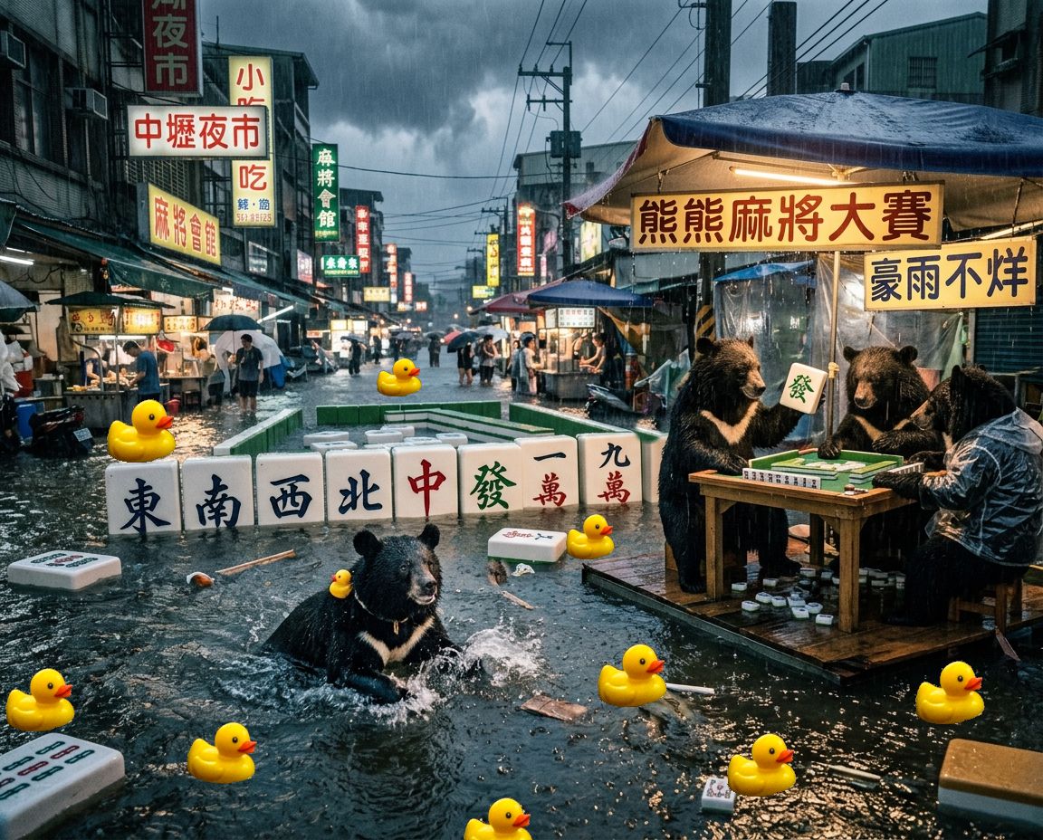 國家級景點變成賭場實錄,台灣黑熊在暴雨中挑戰大滿貫,中壢夜市水上麻將大賽,萬隻小鴨入侵中壢夜市,中壢夜市變身東方威尼斯麻將局,台灣熊愛打麻將,台灣黑熊打麻將,中壢夜市大淹水直接變成威尼斯,台灣黑熊水上樂園搓麻將,中壢夜市變水上麻將館