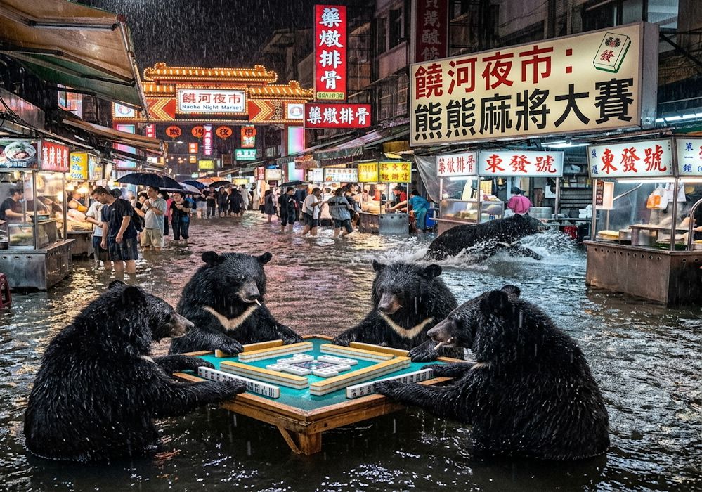 槓上開花臭豆腐,黑熊槓上饒河夜市,饒河夜市大三元,發財麻將臭豆腐,台灣熊愛麻將,台灣黑熊在暴雨中挑戰大滿貫,饒河夜市水上麻將大賽,萬隻小鴨入侵饒河夜市,饒河夜市變身東方威尼斯麻將局,台灣熊愛打麻將,台灣黑熊打麻將,饒河夜市大淹水直接變成威尼斯,台灣黑熊水上樂園搓麻將