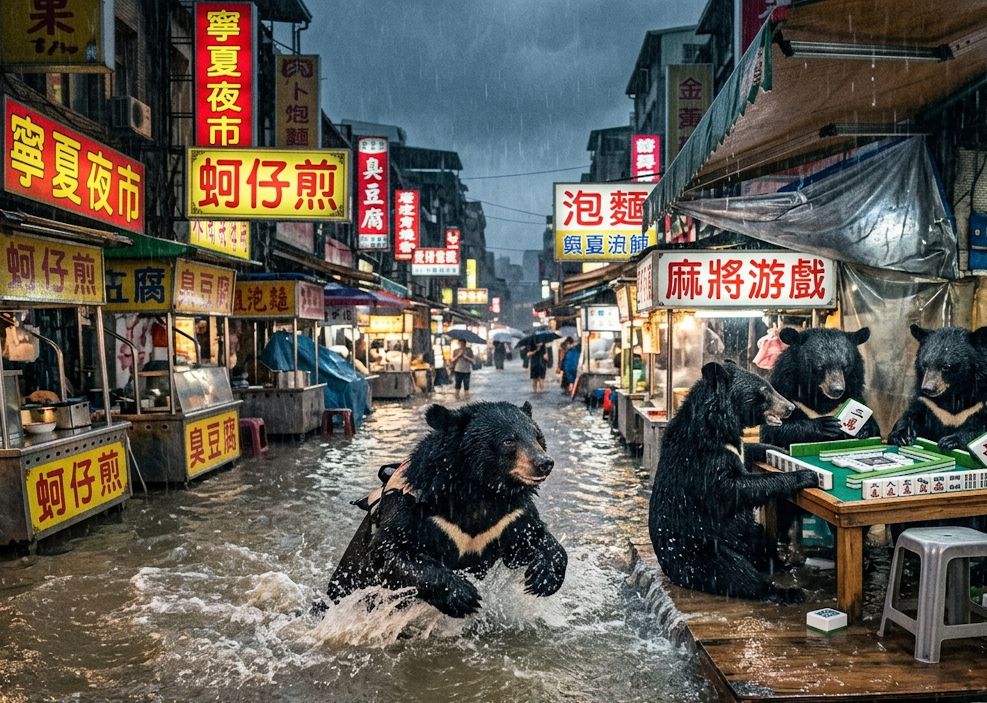 國家級景點變成賭場實錄,台灣黑熊在暴雨中挑戰大滿貫,寧夏夜市水上麻將大賽,萬隻小鴨入侵寧夏夜市,寧夏夜市變身東方威尼斯麻將局,台灣熊愛打麻將,台灣黑熊打麻將,寧夏夜市大淹水直接變成威尼斯,台灣黑熊水上樂園搓麻將,寧夏夜市變水上麻將館