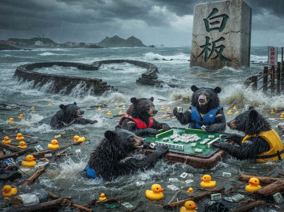 澎湖雙心石滬驚見台灣黑熊,麻將桌在驚濤駭浪中屹立不搖,七美雙心石滬旁的麻將大賽,颱風天就是要打麻將不然要幹嘛,黃色小鴨的終極漂流記,風雨越大牌打越大的賭神,地表最強防颱準備原來是湊齊四咖,台灣熊愛打麻將,台灣黑熊打麻將,水上移動式麻將館,台灣大淹水直接變成威尼斯,台灣黑熊水上樂園搓麻將,打麻將比水上樂園還好玩
