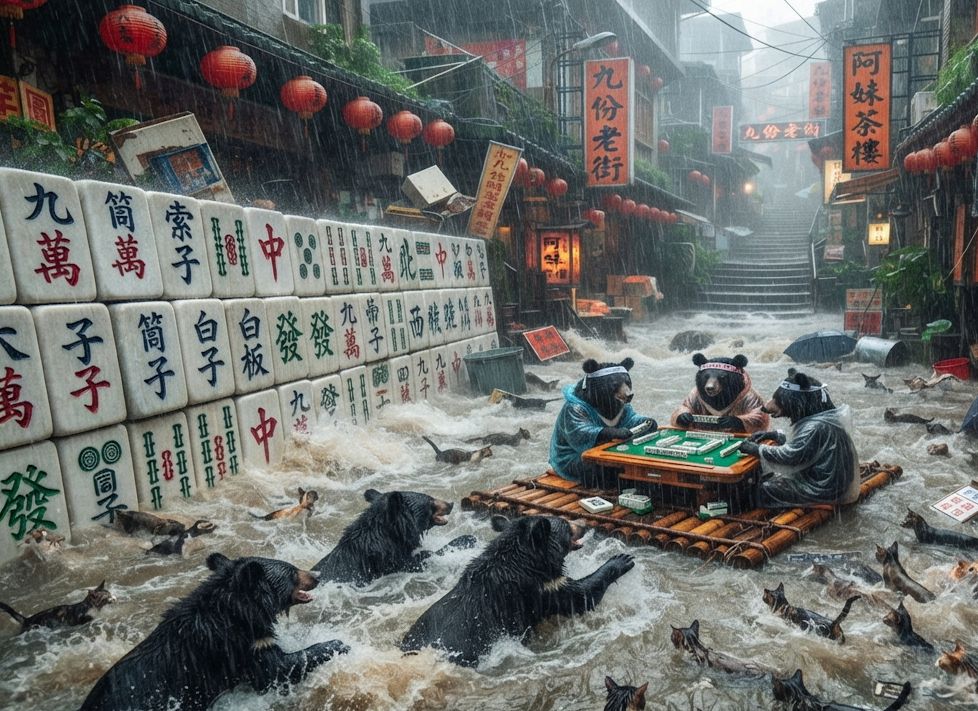 九份水上威尼斯麻將大賽,海底撈針不如九份撈牌,這是九份不是亞特蘭提斯,大雨狂襲不忘海底撈月,九份老街水上遊樂園,台灣熊愛打麻將,台灣黑熊打麻將,水上移動式麻將館,台灣大淹水直接變成威尼斯,台灣黑熊水上樂園搓麻將,打麻將比水上樂園還好玩