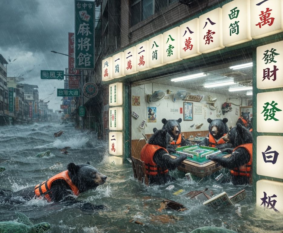 台中淹水奇景,大雨滂沱照樣槓上開花,牌友們在風雨中相約台中,大雨狂襲不忘海底撈月,大雨狂襲不忘海底撈月,台灣熊愛打麻將,台灣黑熊打麻將,水上移動式麻將館,台灣大淹水直接變成威尼斯,台灣黑熊水上樂園搓麻將,打麻將比水上樂園還好玩,為了胡牌連颱風都不怕