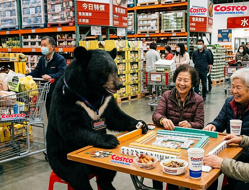 台灣黑熊,台灣熊愛打麻將,台灣黑熊打麻將,熊掌摸牌,好市多內湖店黑熊傳說,台灣黑熊黑鑽卡會員,國寶打牌,熊界傳奇,Costco麻將館,好市多不搶牛肉搶發財