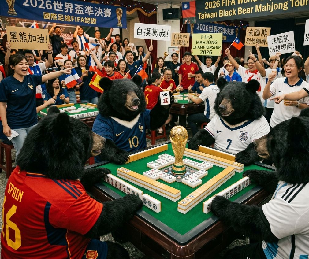 足壇史詩級大四喜,單吊索子踢進門,FIFA官方認證電動麻將桌,台灣黑熊用生命在捍衛台灣國粹,國際足球世界盃前4強,國際足總FIFA官方認證自摸,台灣熊愛打麻將,台灣黑熊打麻將,墨西哥世界足球盃有台灣黑熊出沒,台灣黑熊金靴獎新希望,台灣黑熊肉墊倒掛金鉤,2026年世足賽,姆巴佩看了都想碰,梅西傳承自摸心法,一邊喝珍奶一邊胡大四喜