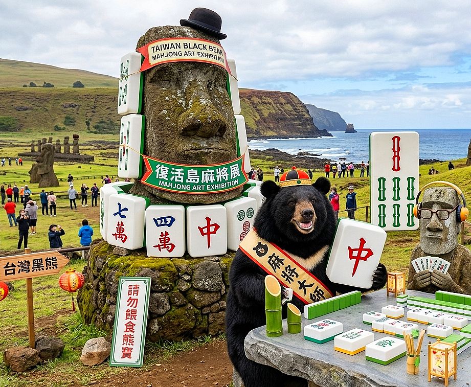 台灣黑熊,台灣熊愛打麻將,台灣黑熊打麻將,摩艾石像摸牌,台灣黑熊外放復活島,復活島摩艾開胡大四喜,智利復活島盃麻將藝術展,復活島麻將大師