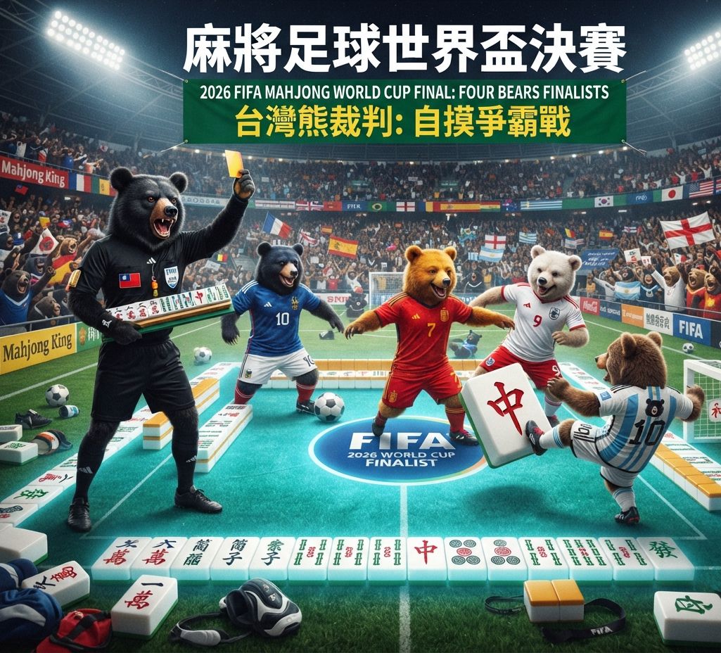 足壇史詩級大四喜,單吊索子踢進門,黃牌警告不准攔胡,台灣黑熊用生命在捍衛台灣國粹,國際足球世界盃前4強,國際足總FIFA官方認證自摸,台灣熊愛打麻將,台灣黑熊打麻將,世界足球盃有台灣黑熊出沒,台灣黑熊肉墊倒掛金鉤,2026年世足賽,一邊喝珍奶一邊胡大四喜