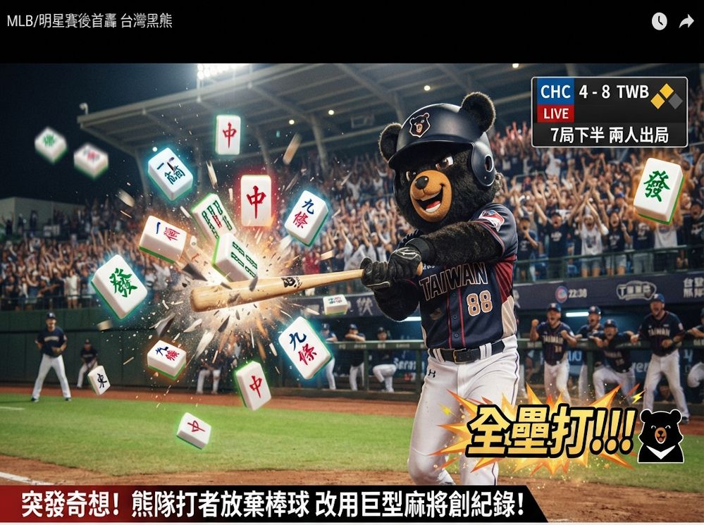 台灣熊愛打麻將,台灣黑熊打麻將,台灣黑熊首打席開砲,全壘打兼胡牌,台灣黑熊明星賽後首轟,台灣黑熊大聯盟初登場,台灣黑熊MLB,讓整個大聯盟陷入瘋狂的台灣之光,台灣之光明星賽,台灣黑熊炸裂MLB大聯盟,發財東南西北滿天飛,滿貫自摸全壘打,三振出局變胡牌