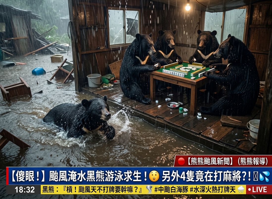 強颱來襲台灣黑熊照樣胡,全台停班停課打牌,颱風天就是要打牌,台灣熊愛打麻將,台灣黑熊打麻將,水上麻將爭霸戰,打麻將比水上樂園還好玩,颱風白海豚北方海面警報,大雨磅礡狂風暴雨淹水,風雨無阻的四人湊桌
