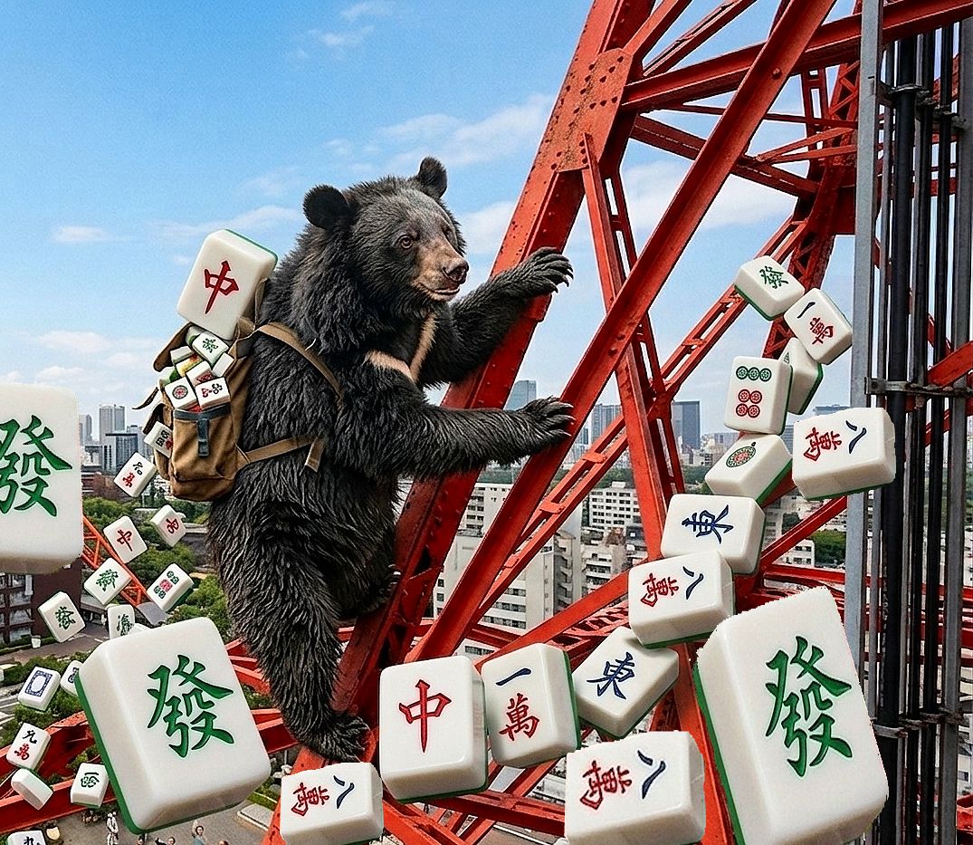 台灣黑熊,台灣熊愛打麻將,台灣黑熊打麻將,熊掌摸牌,台日友好黑熊麻將大賽,東京鐵塔麻將大賽,東京鐵塔麻將傳奇,台灣黑熊攀登東京鐵塔,東京鐵塔方城之戰