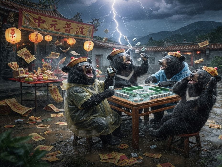 台灣黑熊中元普渡大暴雨,一邊拿香拜拜一邊自摸南風,閃電打雷下雨還在水中激戰,台灣黑熊風雨無阻中元普渡,好兄弟還沒來台灣黑熊先開局,台灣熊愛打麻將,台灣黑熊打麻將,碰牌胡牌大三元,台灣黑熊圍觀湊一桌,聽牌摸牌洗牌打麻將,閃電打雷下雨還在水中激戰,台灣黑熊神級防颱兼普渡無厘頭大作戰