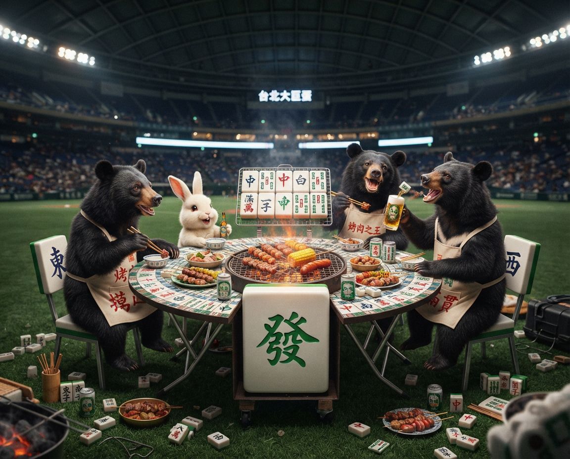 台灣黑熊中秋節聚會蛋黃酥吃到飽,大巨蛋中秋夜麻將戰局自摸九條,台灣熊愛打麻將,台灣黑熊打麻將,碰牌胡牌大三元,台灣黑熊圍觀湊一桌,聽牌摸牌洗牌打麻將,深夜麻將大賽,台灣黑熊中秋烤肉宴熊掌碰碰胡,開桌摸八圈