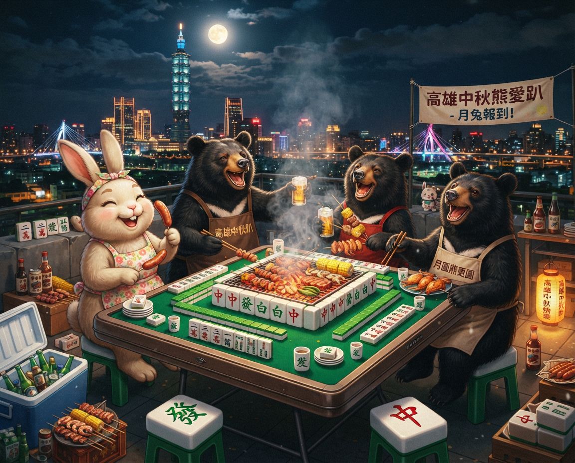 台灣黑熊中秋節聚會蛋黃酥吃到飽,麻將戰局自摸九條,台灣黑熊深夜偷襲高雄港都,台灣熊愛打麻將,台灣黑熊打麻將,碰牌胡牌大三元,台灣黑熊圍觀湊一桌,聽牌摸牌洗牌打麻將,台灣黑熊中秋烤肉宴熊掌碰碰胡,開桌摸八圈