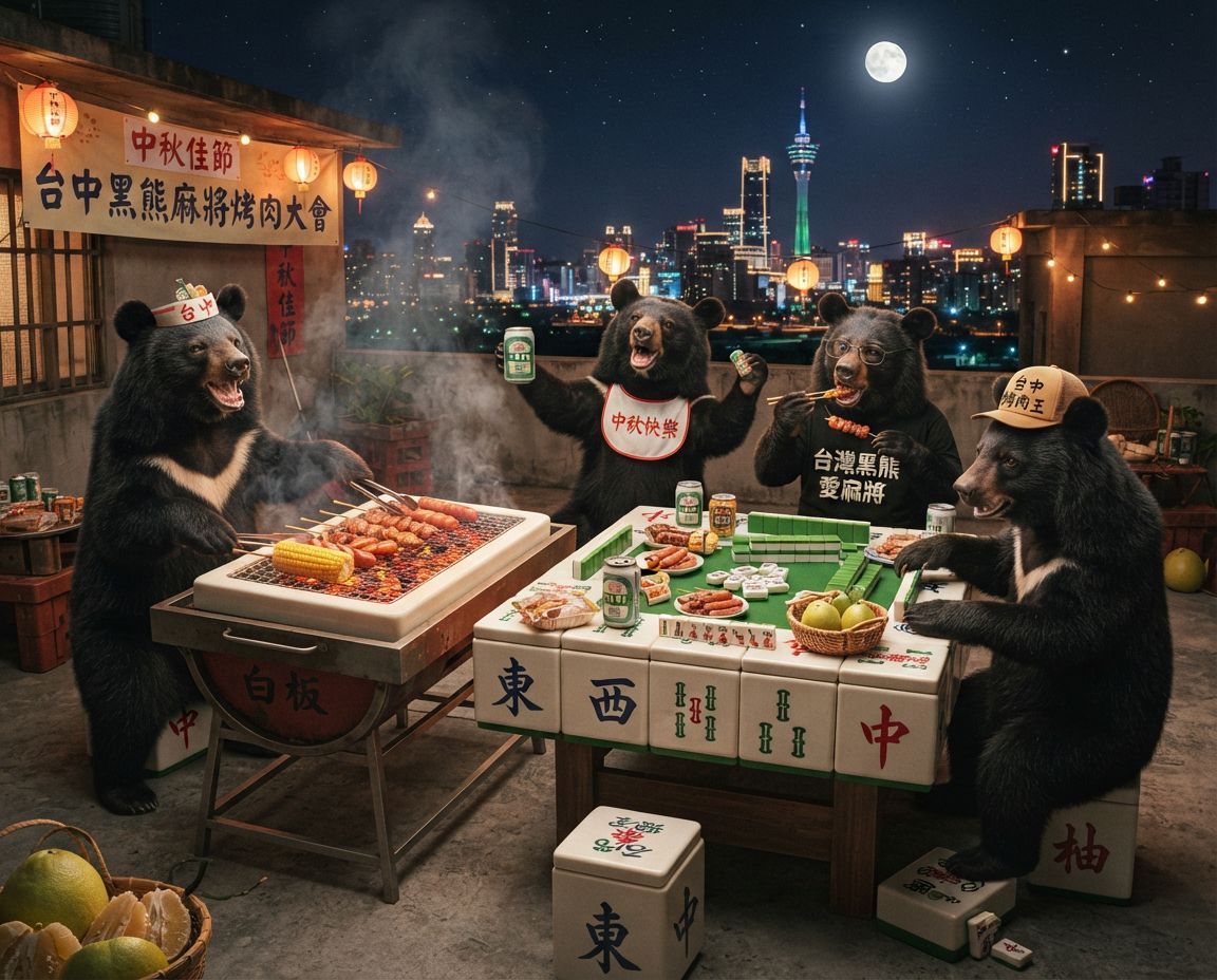 自摸碰碰胡,台灣黑熊中秋節聚會蛋黃酥吃到飽,麻將戰局自摸九條,台灣熊愛打麻將,台灣黑熊打麻將,碰牌胡牌大三元,台灣黑熊圍觀湊一桌,聽牌摸牌洗牌打麻將,台灣黑熊中秋烤肉宴熊掌碰碰胡,邊烤肉邊大喊自摸,開桌摸八圈
